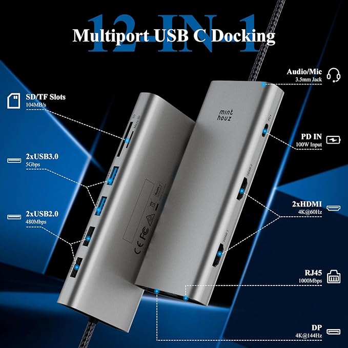 USB C Docking Station Dual Monitor,USB C Hub Dual Monitor with 144Hz DisplayPort,4k HDMI,PD Charging,Ethernet,5 USB,SD/TF Card Reader,Audio Laptop Docking Station for Windows & Mac and More