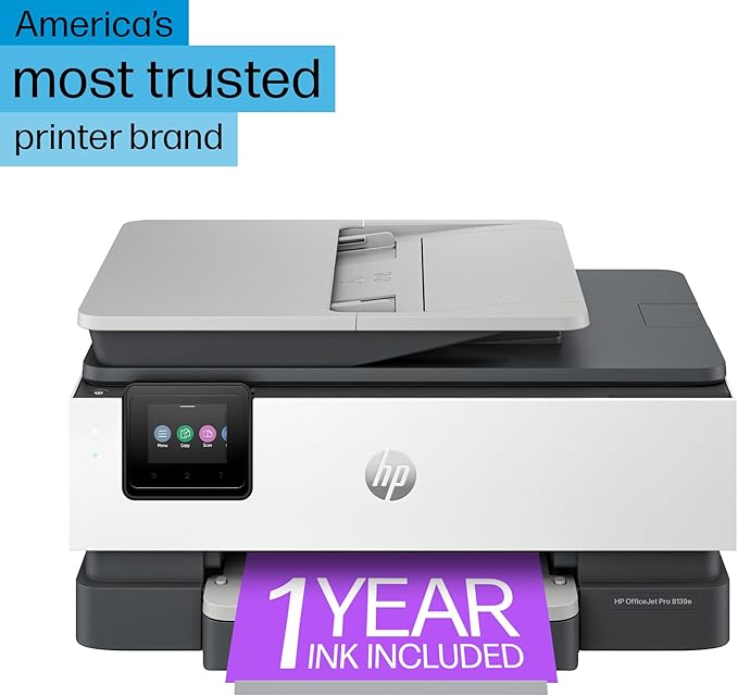 HP OfficeJet Pro 8139e Wireless All-in-One Color Inkjet Printer, Print, scan, Copy, fax, ADF, Duplex Printing Best-for-Home Office, 1 Year Instant Ink Trial Included, AI-Enabled (40Q51A)
