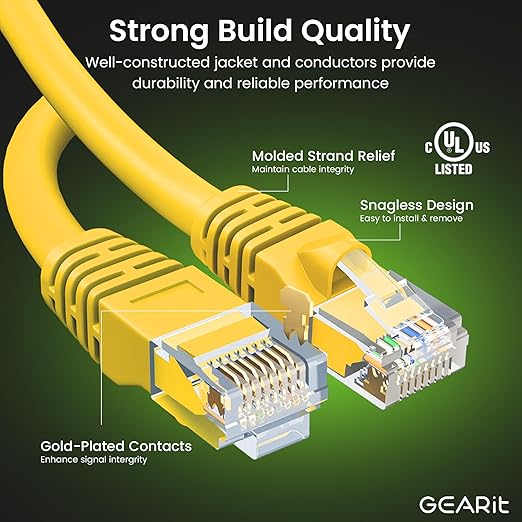 GEARit Cat 6 Ethernet Patch Cables 6 ft Yellow (Cat 6 Ethernet Cables 6 ft 24-Pack), High Speed 24AWG 10Gbps RJ45 Snagless Gold-Plated, Ethernet Cable for Router, Switch, PC, PS5 Gaming, Server