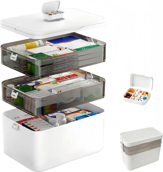 Skiennix 3-Tier Medicine Organizer - Portable First Aid Kit with Detachable Pill Box | White