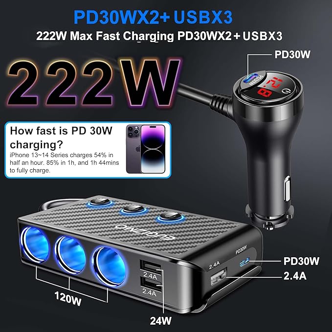 EUGIZMO Cigarette Lighter Adapter, 222W 3 Socket Car Cigarette Lighter Plug USB Charger Multi Port 12V Car Plug Outlet Splitter with LED Voltage Display Independent Switches