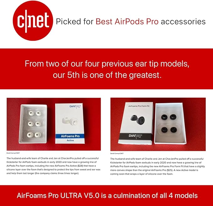 CharJenPro AirFoams Pro Ultra Memory Foam Ear Tips for AirPods Pro 1st & 2nd Gen, New Version 5.0, Secure in Ear, Comfortable, Great Noise Cancellation, Replacement Buds, 3 Pairs (Assorted S/M/L)