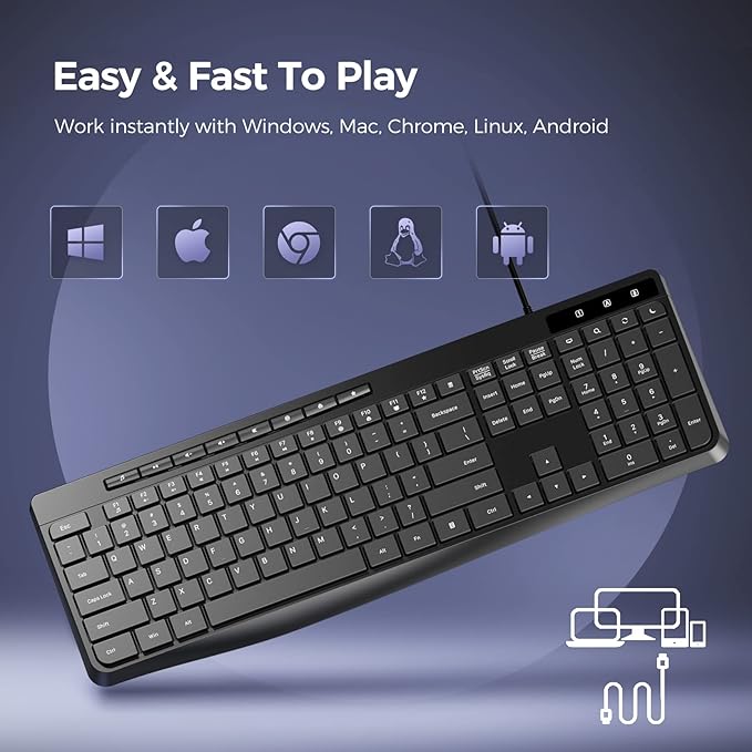 Virfour Wired Keyboard,Quiet Keyboard, Multimedia USB Computer Keyboard, Silent Keyboardwith Low Profile Chiclet Keys,Large Number Pad,Spill-Resistant,Anti-Wear Letters,Full Size for Laptop,Desktop