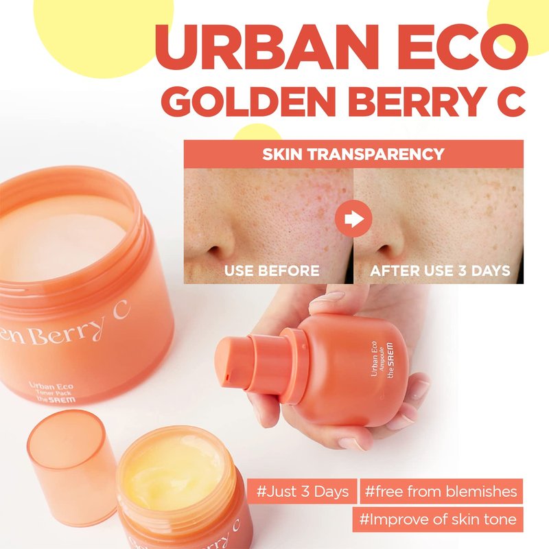 THESAEM Urban Eco Golden Berry C Toner Pack Pad - Face Hydrating Radiance Vitamin C Hypoallergenic - Even Tone Complexion Texture Refining - Gentle Daily Korean Skincare for Sensitive Skin, 50 Pads