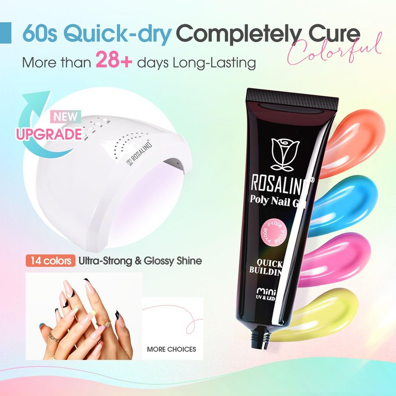 ROSALIND Neon Poly Nail Gel Kit, 14 Colors White Black Yellow Pink Poly Nail Gels Kit with Slip Solution and Mini Lamp Poly Nails Gel Starter Kits For All Seasons Beginner DIY at Home