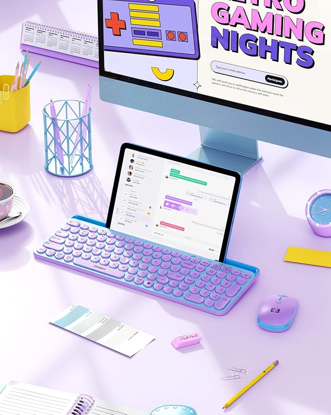 seenda Bluetooth Keyboard and Mouse for iPad, CTU-301 Wireless Multi-Device Connection Bluetooth+2.4G Keyboard Mouse Combo with Tablet Holder for iPad/Macbook/Windows, iOS/Android/Phone, Blue & Purple