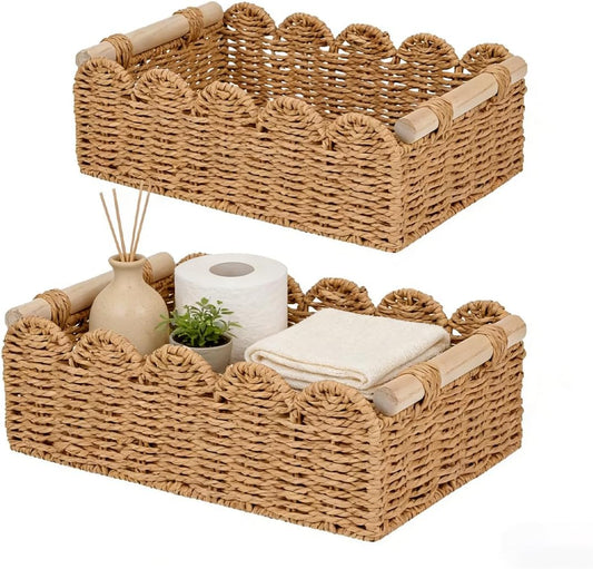 Paper Rope Scalloped Edge Toilet Paper Storage Basket - Small Living Room & Bedroom Decor with 2 Wooden Handles