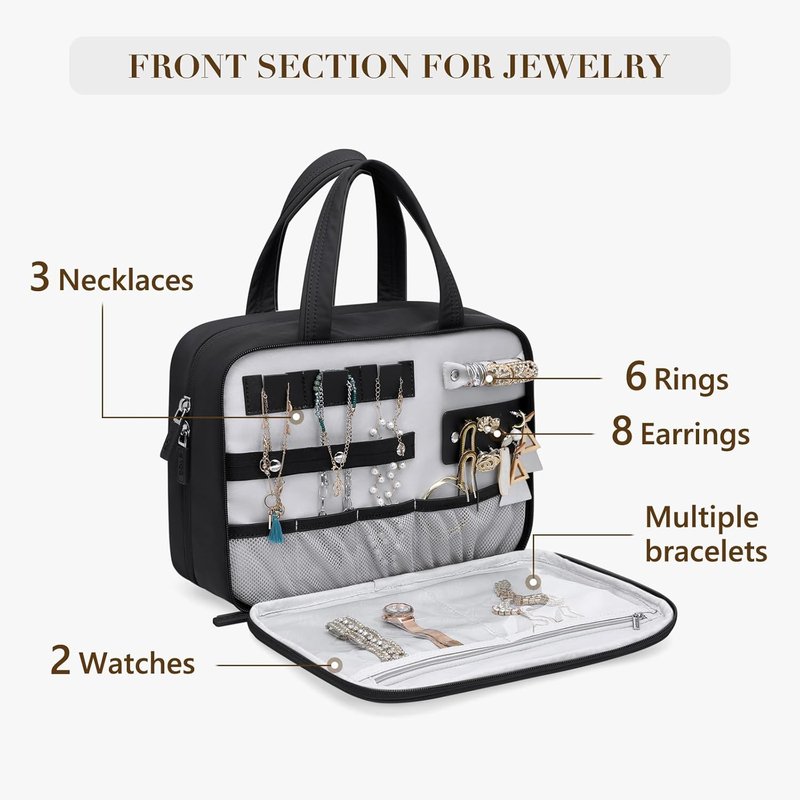 Travel Toiletry Bag - Water-Resistant Makeup Organizer with Jewelry Compartment | Black