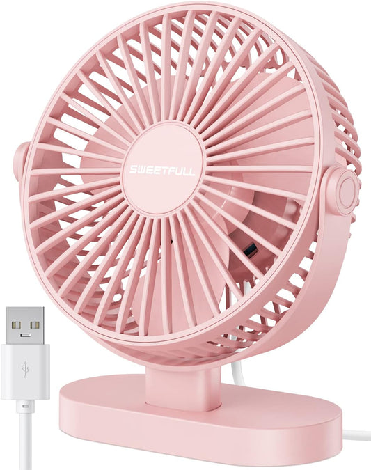 Sweetfull USB Desk Fan - Portable 3-Speed Mini Fan with 360° Rotation | Quiet Operation for Home & Travel (Pink)