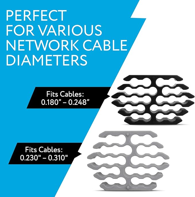 IMPRESA Cable Comb Organizer Kit - Black, Grey, Zip Style Wire Management Tools for Network & Office Setup - Cat6a Cable Combs for Data Center & 24 Wires - Dressing Tool for Neat Organization