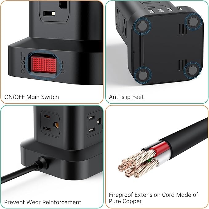 Extension Cord with Multiple Outlets, SMALLRT Surge Protector Power Strip Tower with USB Ports 12 AC Outlets, PD 20W USB C, 15FT Outlet Extender for Home Dorm, Office Supplies, Overload Protection