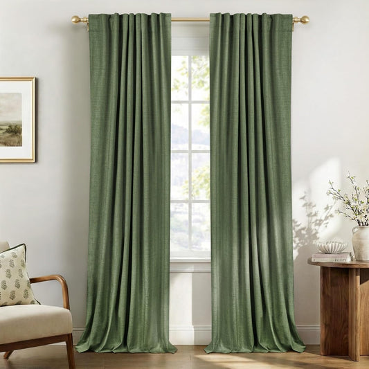 Skiennix 100% Blackout Linen Curtains - Thermal Insulated Drapes, Olive Green, 50" W x 102" L (2 Panels)