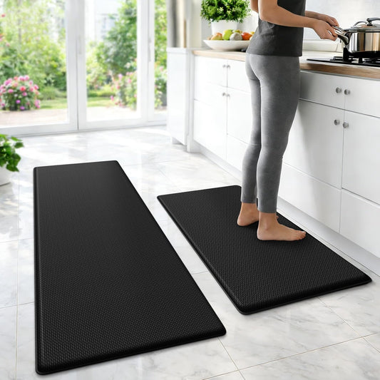 StepLively Kitchen Mats - Cushioned Anti-Fatigue Non-Slip Rugs Set | 2 PCS, 17.3"x30" & 17.3"x47", Black