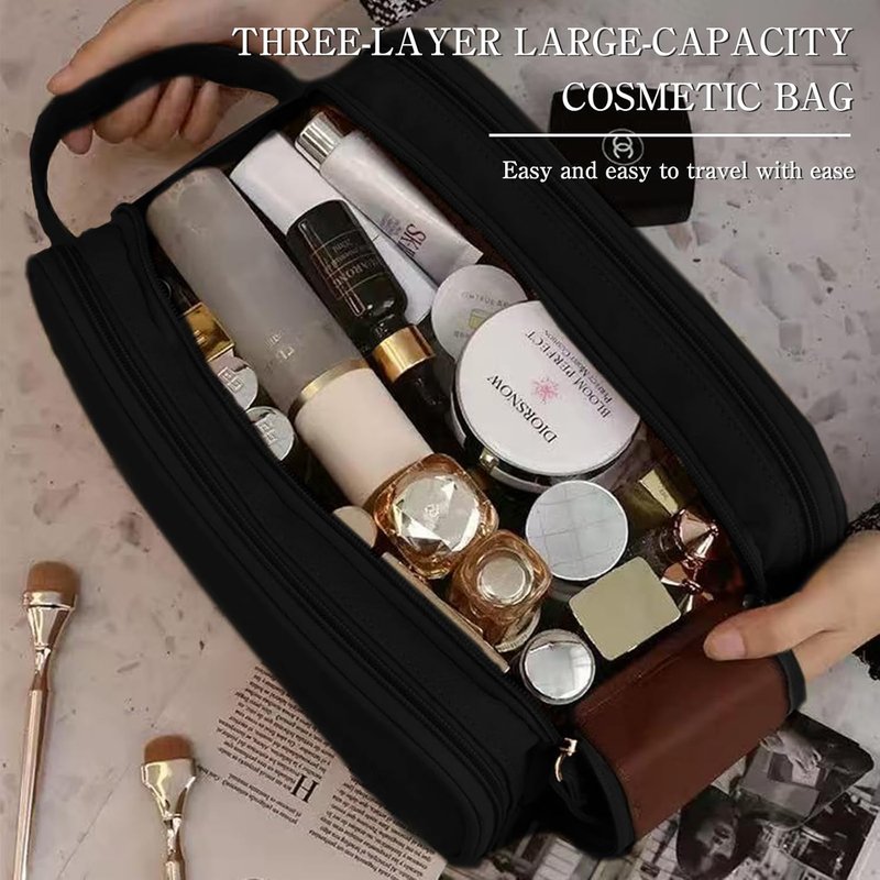 Large Capacity 3-Tier Cosmetic Makeup Bag - Double Zipper Travel Organizer for Makeup & Toiletries | Black