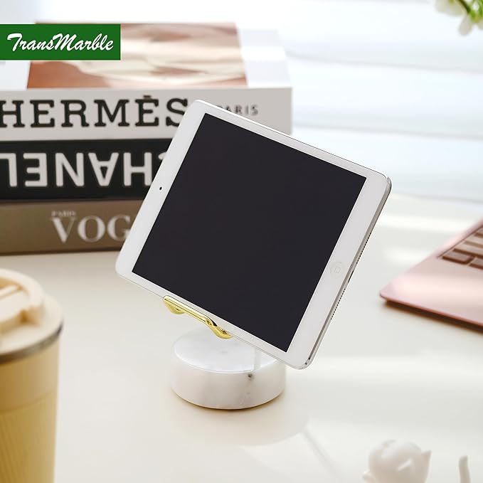 TransMarble Marble Phone Stand with Metal Holder, Charging Available While Using, Swipe Up to Unlock, Made of Natural Marble as Business Card Holder for Office Desk (Starry White + Gold)