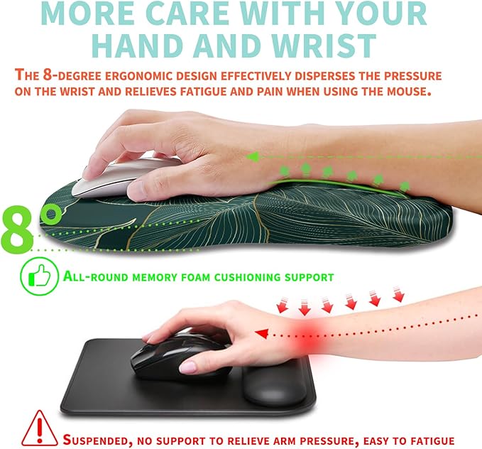 Kuosgm Ergonomic Mouse Pad Wrist Support with Memory Foam Massage Bulge, Carpal Tunnel Pain Relief Mousepad Wrist Rest for Mouse(12x8 inch, Leaves)