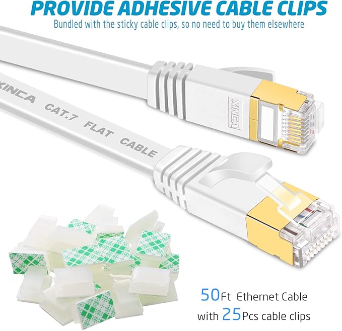 XINCA Cat 7 Flat Ethernet Cable 50ft White, High Speed 10GB Shielded (STP) LAN Internet Network Cable Ethernet Patch Computer Cable with Rj45 Connectors and 25pcs Adhesive Cable Clips