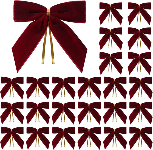 Utehilly Velvet Christmas Bows - 24 Pcs Burgundy Small Decorative Bows for Trees, Gifts & Crafts | 3.5 x 3.5 Inch