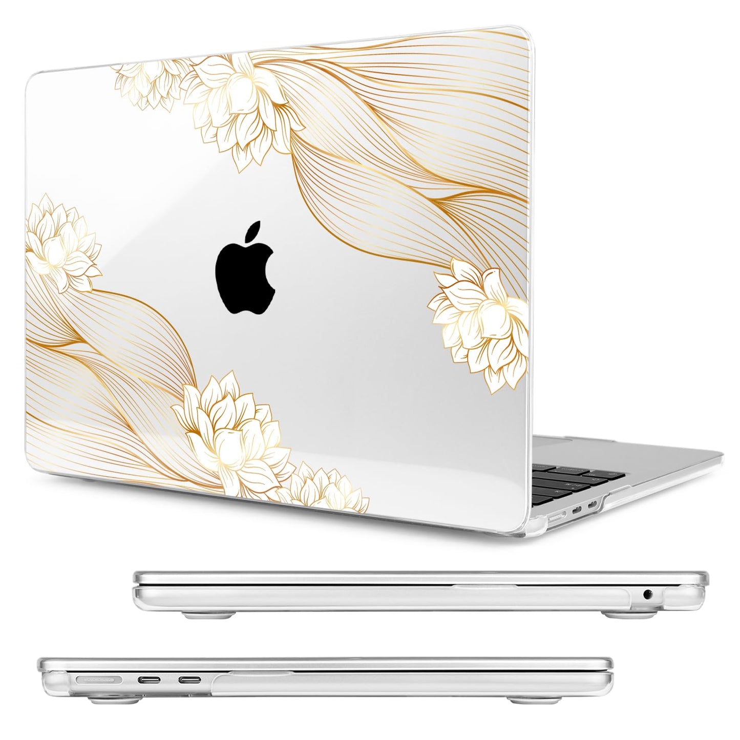 MecBevia Compatible with MacBook Air 13.6 inch Case, M4 A3240/M3 A3113/M2 A2681 (Released 2025 to 2022), Hard Shell, Keyboard Cover, Screen Protector, Webcam Cover & Type-C Adapter, Gold Lace Flower