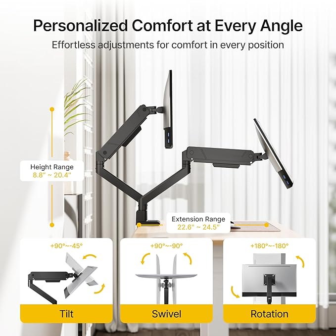 monTEK Dual Monitor Mount with USB Monitor Arms for 2 Monitors for 17 to 35 Inch Curved Screen Holds 35 Lbs Adjustable Heavy Duty Monitor Desk Mount Cable Management, VESA 75/100mm