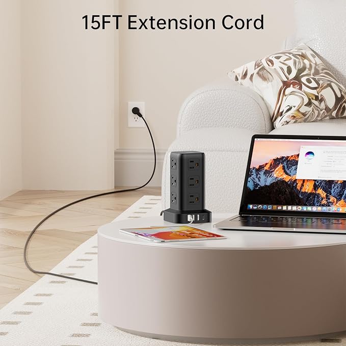 Extension Cord with Multiple Outlets, SMALLRT Surge Protector Power Strip Tower with USB Ports 12 AC Outlets, PD 20W USB C, 15FT Outlet Extender for Home Dorm, Office Supplies, Overload Protection