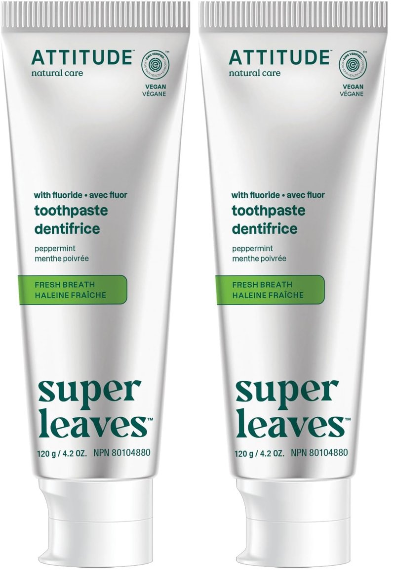 ATTITUDE Toothpaste with Fluoride, Prevents Tooth Decay and Cavities, Vegan, Cruelty-Free and Sugar-Free, Fresh Breath, Peppermint, 4.2 Oz (Pack of 2)