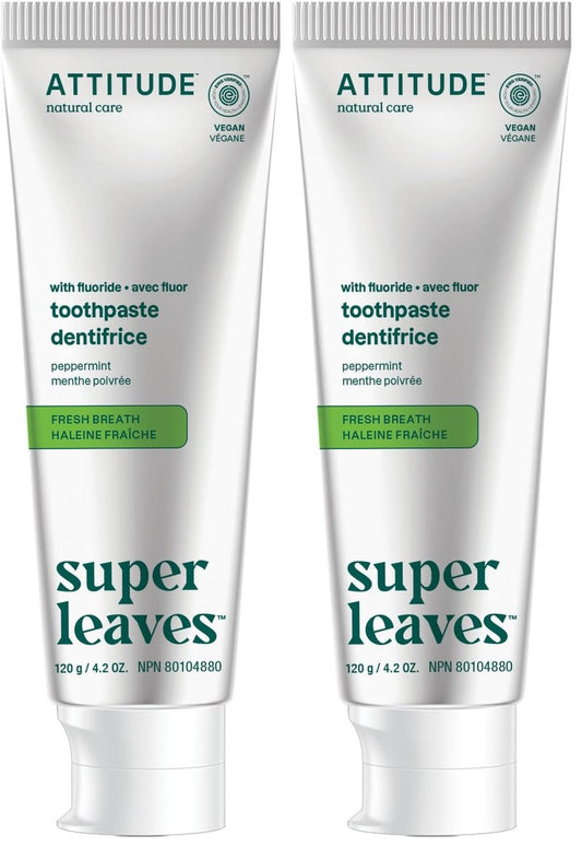 ATTITUDE Toothpaste with Fluoride, Prevents Tooth Decay and Cavities, Vegan, Cruelty-Free and Sugar-Free, Fresh Breath, Peppermint, 4.2 Oz (Pack of 2)