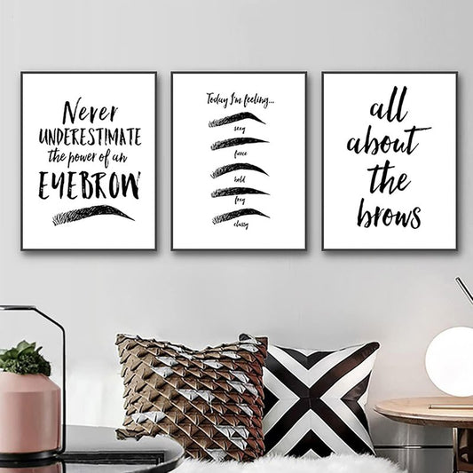 Eyebrow Art Prints - Beauty Salon Canvas Wall Art | Black & White Eyebrow Quotes | 12x16 Inch Unframed Set of 3