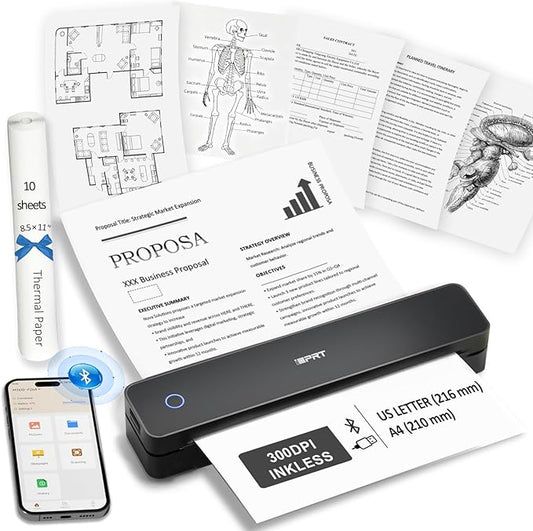 Inkless Portable Printer for Travel, Wireless Thermal Printer Supports 8.5 x 11" US Letter, A4, MT610Pro 300DPI Small Bluetooth Printers Compatible with iOS Android Laptop for Home Office Car, Black