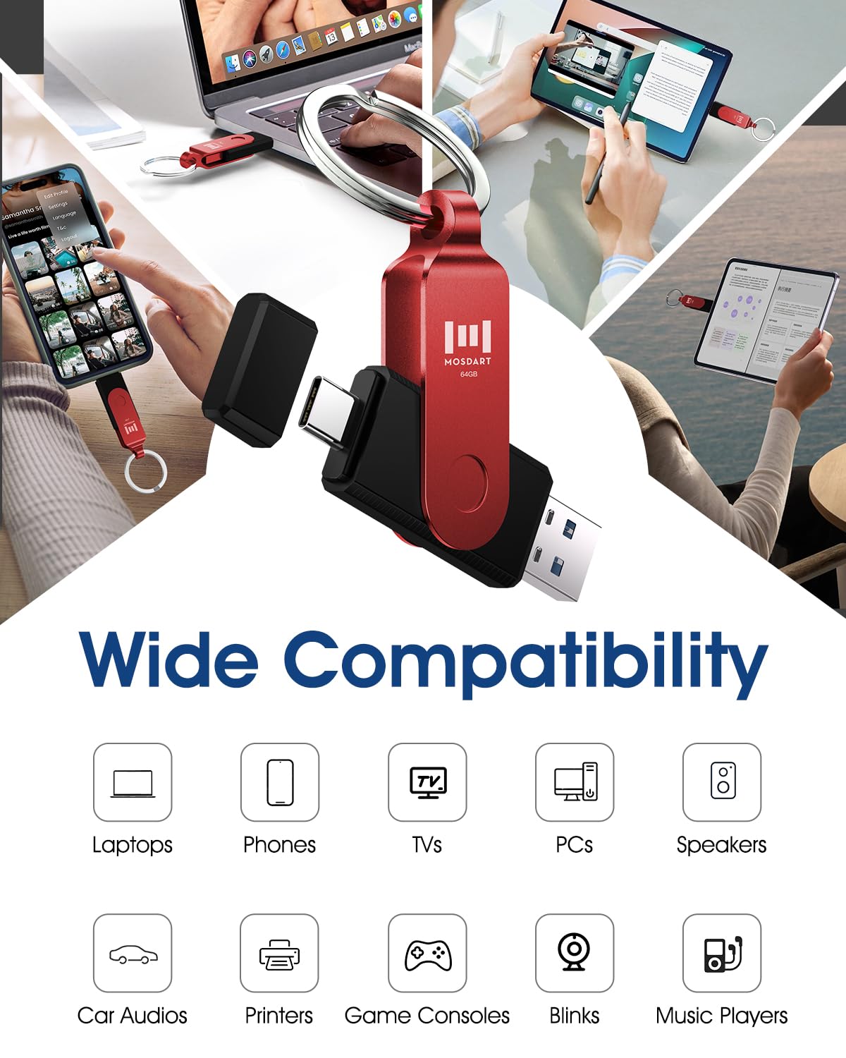 MOSDART 64GB USB C 3.2 Fast Speed C and A Dual Flash Drive, exFAT Memory Stick with Keychain and LED Indicator, for iPhone 15,16,17, Android Phone, iPad, MacBook, and Other Laptops, Red