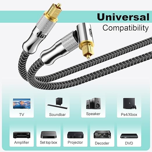 EMK Premium 24K Gold-Plated Right Angle Optical Cable – 90° Toslink to Toslink (1.5M/5Ft), 360° Rotatable for Soundbars, TVs & Home Theater