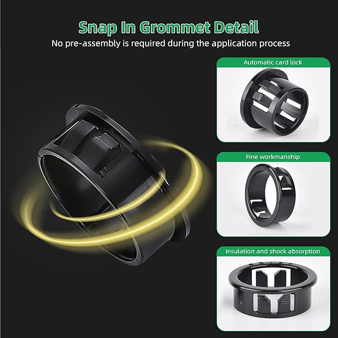 EASYEAH 1-1/2"(38mm) Black Snap-in Knockout Insulating Bushing Grommets, Plastic Cable Hole Grommets for Wiring, Round Nylon Snap in Locking Electrical Wire Cord Hose Tubing Bushings Grommets, 10pcs