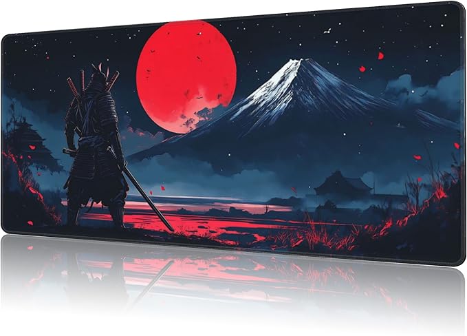 NIYLYNSYN Mouse Pad Large Samurai and Red Moon Non-Slip Game Desk Mat with Stitched Edge Laptop Keyboard Desk Pad for Work Home Gaming (35.4 x 15.7 Inches)