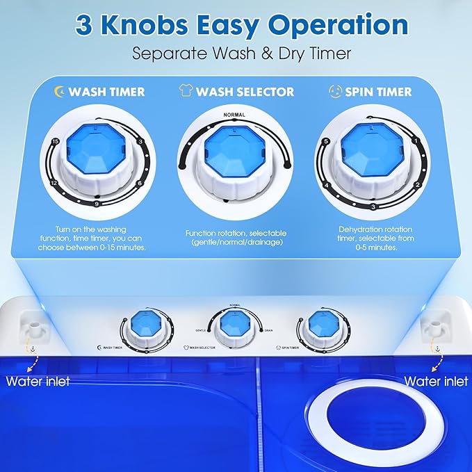 Portable Washing Machine Twin Tub - 28lbs Compact Washer(18lbs) and Dryer(10lbs) Combo with Drain Pump - Mini Laundry Machine for Apartments, Dorms, RVs, and Camping - Blue