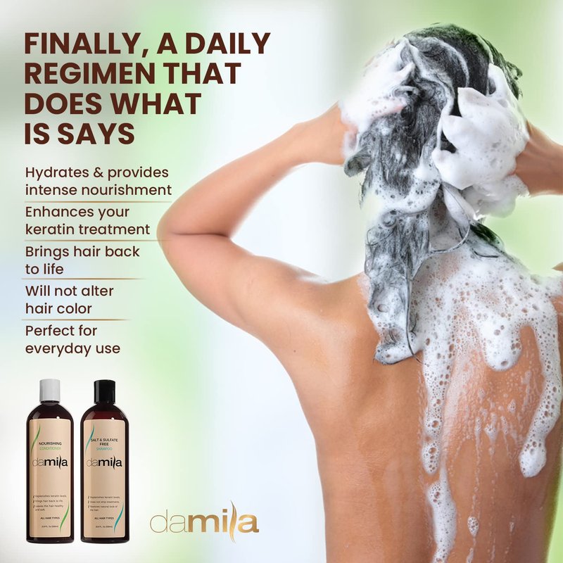 Damila Salt & Sulfate Free Shampoo & Conditioner for Keratin and Color Treated Hair - Professional Keratin Value Pack for Damaged, Frizzy, Curly, Dry & Thin Hair - Shampoo Sin Sal - 16.9 Fl Oz