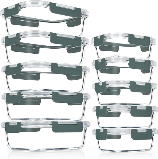 VERONES Glass Meal Prep Containers - 10 Pack Airtight, Stackable Food Storage Set with Lids | BPA-Free, Microwave & Oven Safe, Grey
