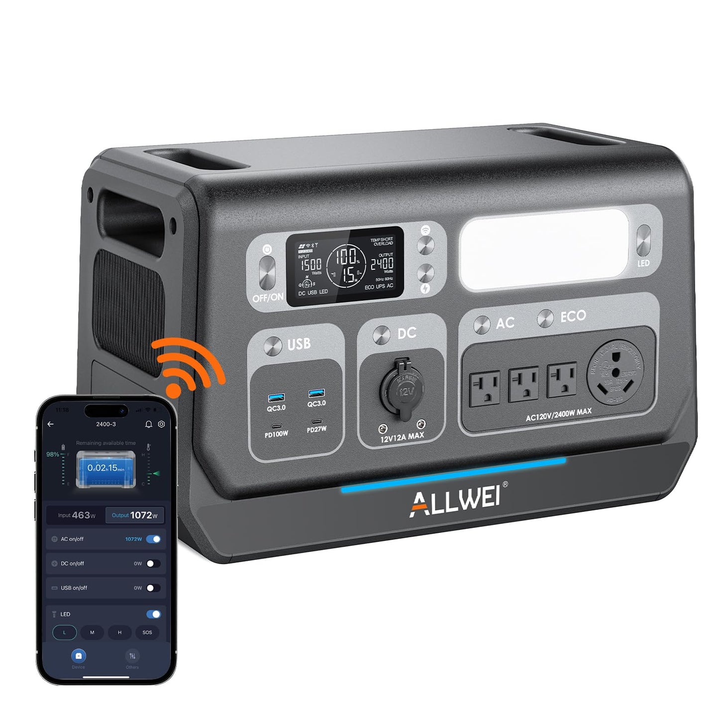 ALLWEI 2400W LiFePO4 Power Station, 2048Wh Solar Generator with 1500W AC Charging &1200W Solar Charging, Expandable to 10.24kWh, with Pure Sine Wave AC Outlets for Home Backup, Power Outages & Camping