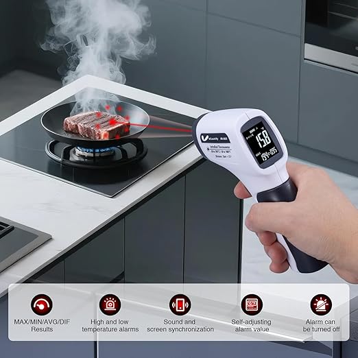 VCooklify Temperature Gun for Meat,Automotive Infrared Thermometer Gun with Ring Laser DS12:1,Digital Thermal Gun with Adjustable Emissivity&High/Low Alarm,-58~1400℉IR Temp Gun for Engine,Brakes&HVAC