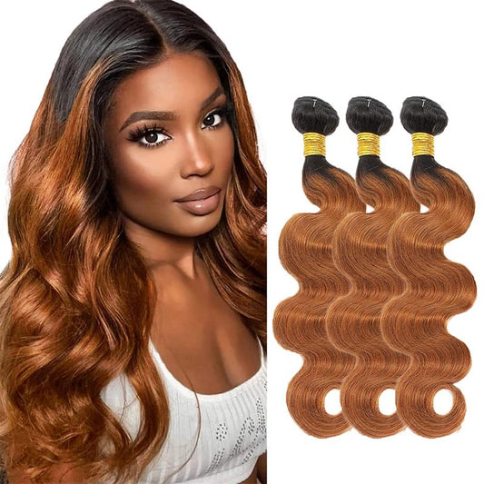 Ombre Brown Body Wave Human Hair Bundles - 3 Pack, 14/16/18 Inch, Unprocessed Brazilian Virgin Remy