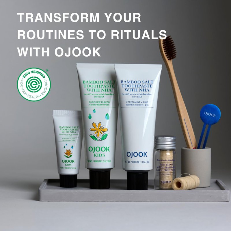 OJOOK Bamboo Salt Toothpaste with nHA | Fluoride Free, Nano Hydroxyapatite, Remineralizing, Sensitive Teeth, Whitening - Dentist Recommended Oral Care - Pepperming & Pine Flavor, 3 Fl Oz 1 Pk