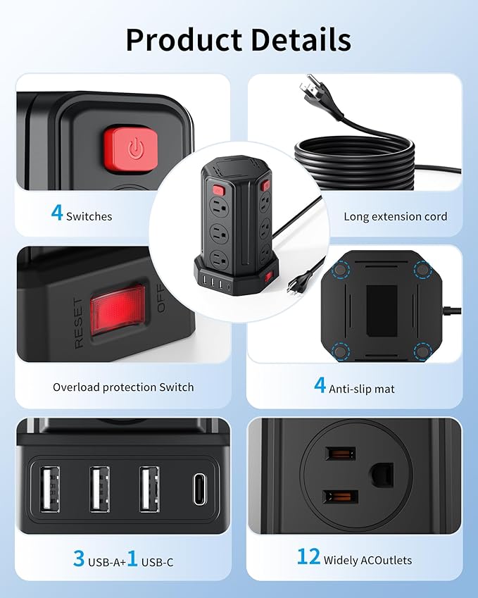 Power Strip Surge Protector, 6.5 Ft Extension Cord with 12 AC Multiple Outlets 4 USB (1 USB C), SMALLRT Power Tower Desktop Charging Station