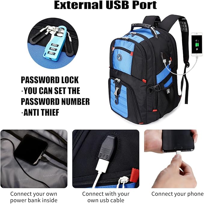 SHRRADOO Extra Large 50L Travel Laptop Backpack with combination lock, College Backpack Airline Approved Business Work Bag Fit 17 Inch Laptops for Men Women,Blue