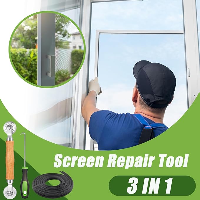 King&Charles Screen Repair Kit/Tool, Screen Roller Tool, Steel Roller with Bear, 32 ft Spline, Removal Hook, 3 in 1 Window Repair Kit, for Installing Door Window Mesh.