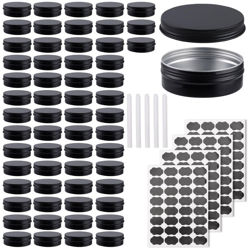 OBKJJ 60 Pack Round Cans with Screw Lid 4 Oz Aluminum Metal Tins DIY Food Candle Containers for Lotion Bars, Balms, Salve, Spices, Beard Balm, Crafts with 4 Markers 2 Sheets Label Stickers