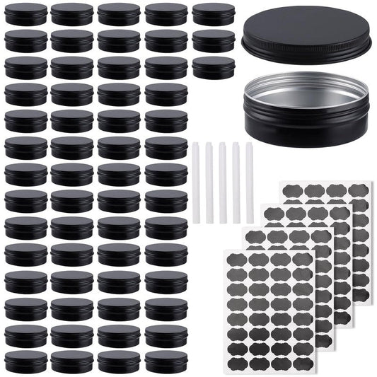 OBKJJ 60 Pack Round Cans with Screw Lid 4 Oz Aluminum Metal Tins DIY Food Candle Containers for Lotion Bars, Balms, Salve, Spices, Beard Balm, Crafts with 4 Markers 2 Sheets Label Stickers