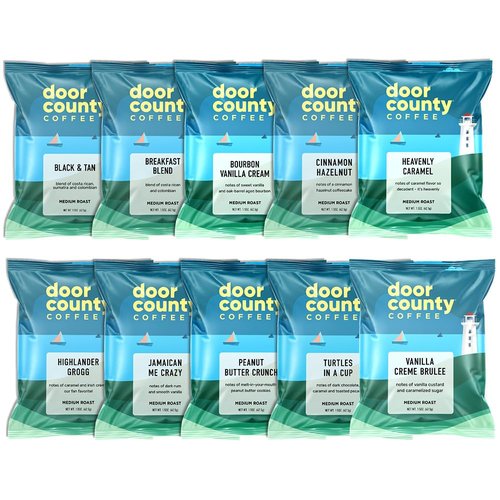 Door County Coffee Gourmet Flavored Coffee Sampler Pack - 10 Unique Specialty Grade 1 Arabica Bags | 1.5 oz Each