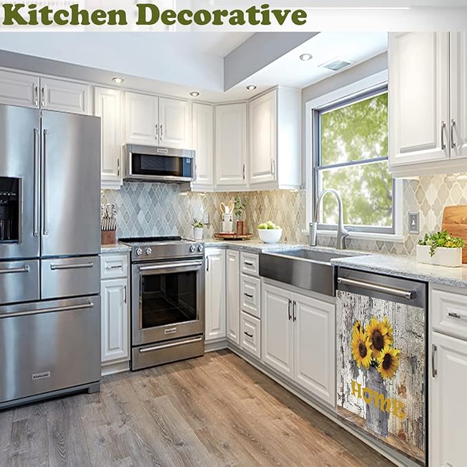 Farmhouse Vintage Dishwasher Magnet Cover Decorative,Painting Sunflower Dishwasher Cover For The Front,Dishwasher Magnetic Sticker Fridge Decal Refrigetor Magnets Appliance Cover 23"x26"