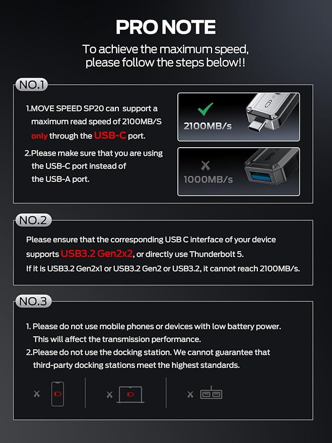 MOVE SPEED 1TB USB Drive, 2100MB/s TLC Reliable Transfer Portable SSD with USB 3.2 Gen2x2 + Type C, Cool USB Drive for Phone/Windows/Mac (SP20)