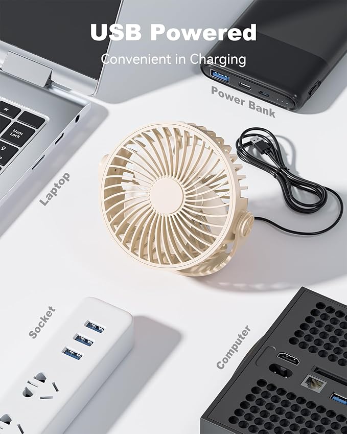 Edvision USB Desk Fan, 5 Inch Mini Portable, 3 Speeds Strong Airflow Personal Desktop, Detachable Cooling Fan 360° Rotation Quiet Small Fan for Desk Home Office Travel Car, Beige, 5ft Cable