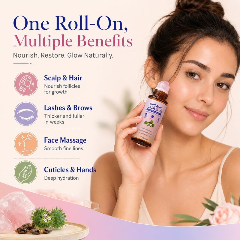 SDXJIOGE Organic Castor Oil with Rose Quartz Roller, 100% Pure Cold-Pressed, Organic Castor Oil Roll On Rose Quartz, Hexane-Free,Amber Glass Bottle for Skin 1.7oz (2)